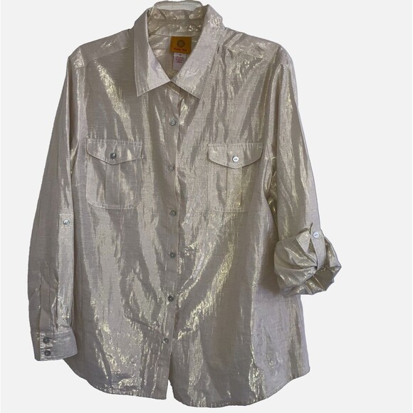 RUBY RD. sz 18 Neutral Gold Shimmery Sheen Tunic Blouse Roll Tab Sleeves Top XL - Picture 1 of 7